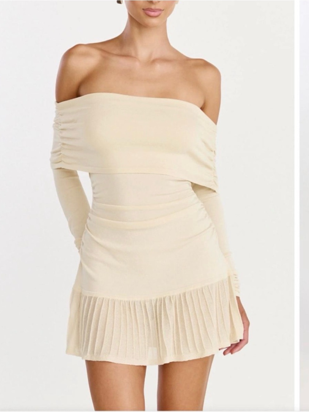 Showpo Cream Off-Shoulder Pleated Hem Mini Dress